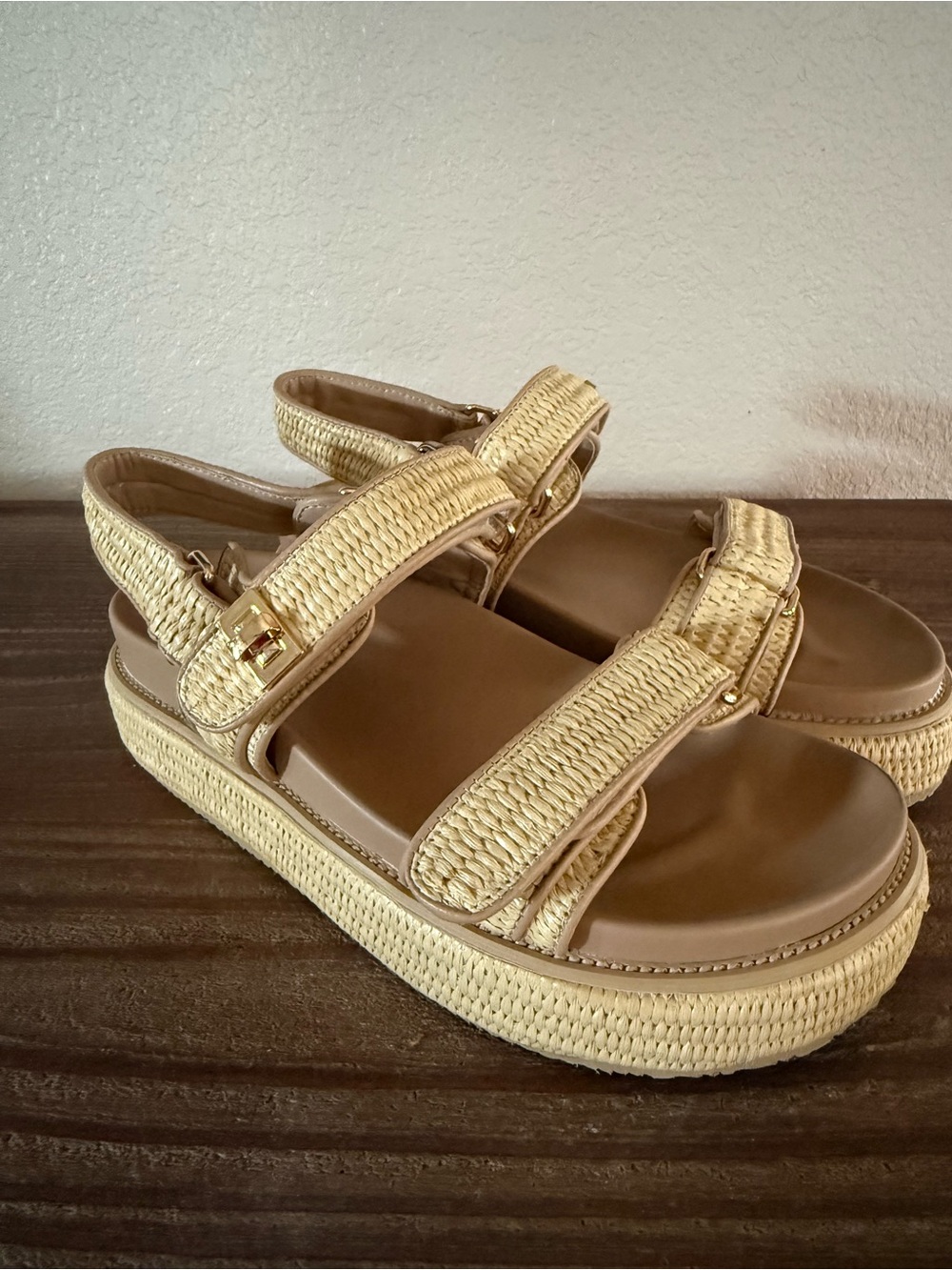 Raffia-Style Platform Sandals Neutral Boho Double Strap Gold